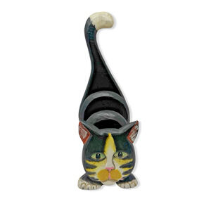 Carved Wood Black Cat Rustic Desk Organizer Vintage Letter Holder '95 Flaw